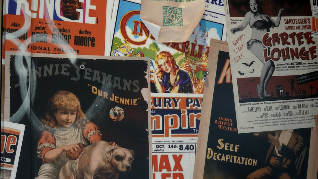 A collage of vintage theater posters featuring illustrations of people and text